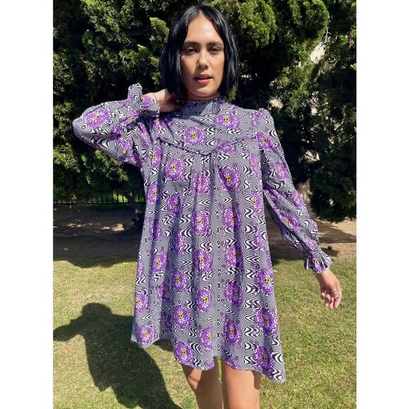 Nooworks Purple Haze Stevie Psychedelic High Neck Ruffle Dress Size Small - Picture 1 of 5
